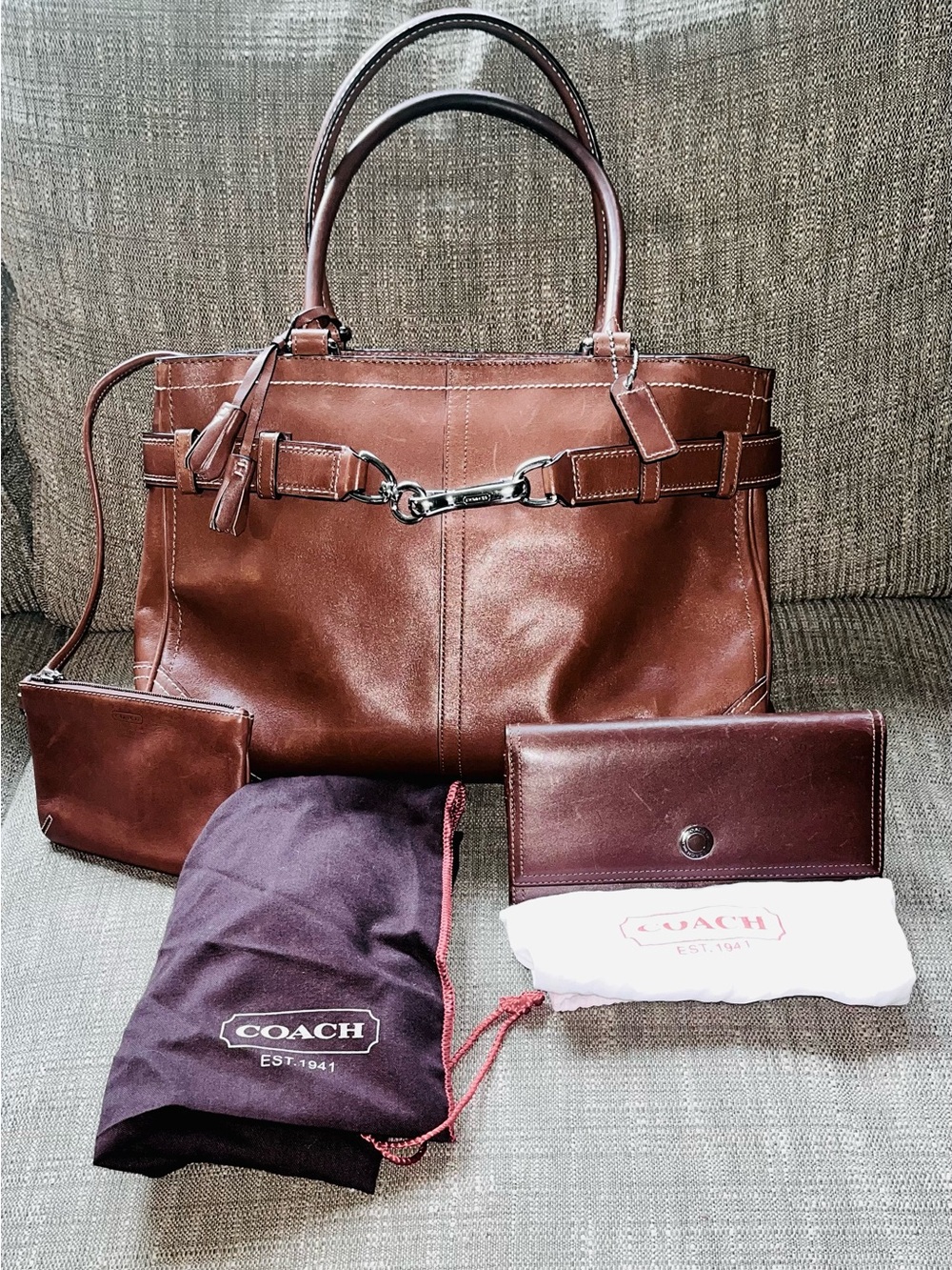 Vintage Coach Hampton Y2K Brown Leather Tote/Satchel Bag, Wallet & Inner Pouch